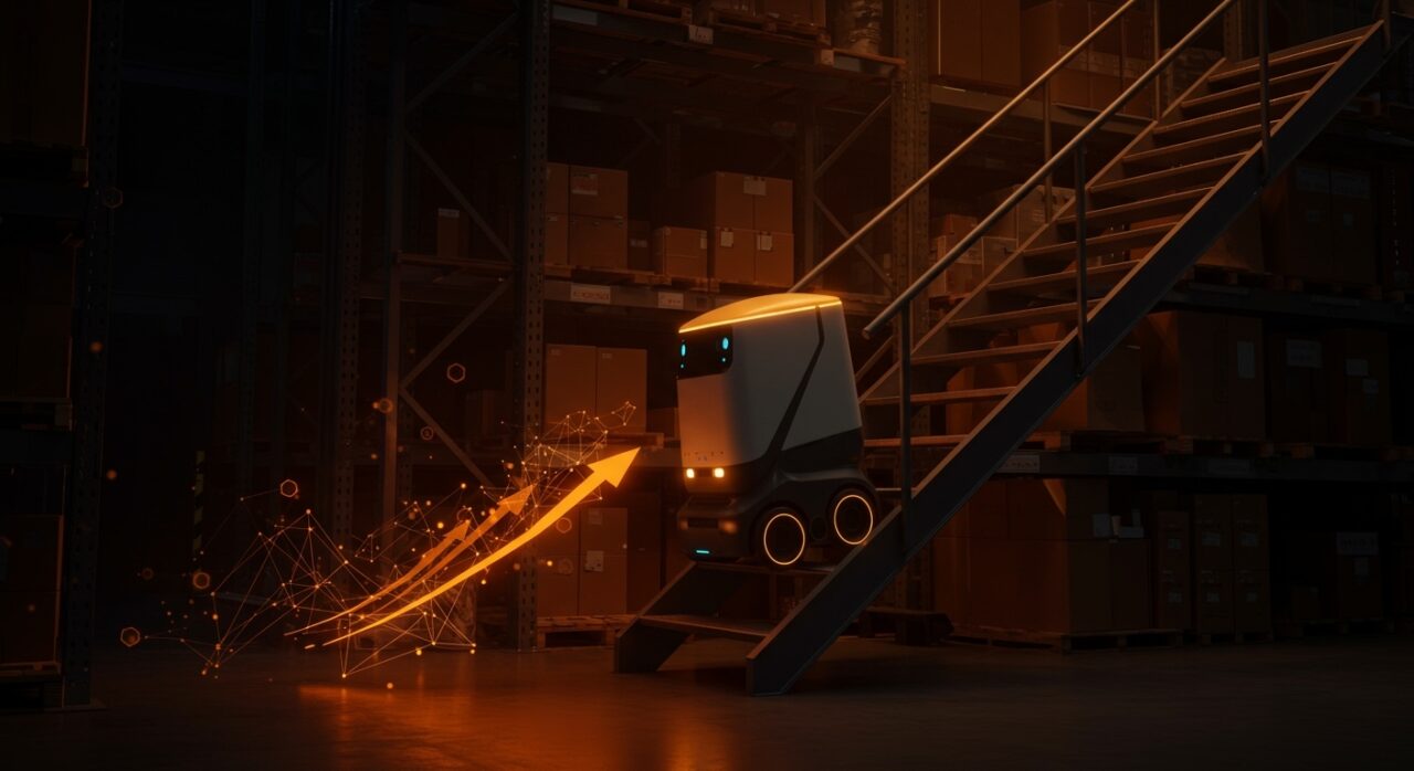 Robot autónomo de entrega escalando escaleras en almacén automatizado, simbolizando la automatización logística avanzada y la tecnología IA aplicada por Amazon.