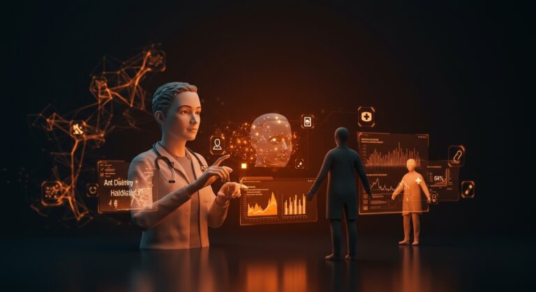 Asistente de IA en salud de Amazon Health AI integrándose con One Medical y Amazon Pharmacy, representando innovación y automatización en salud digital.