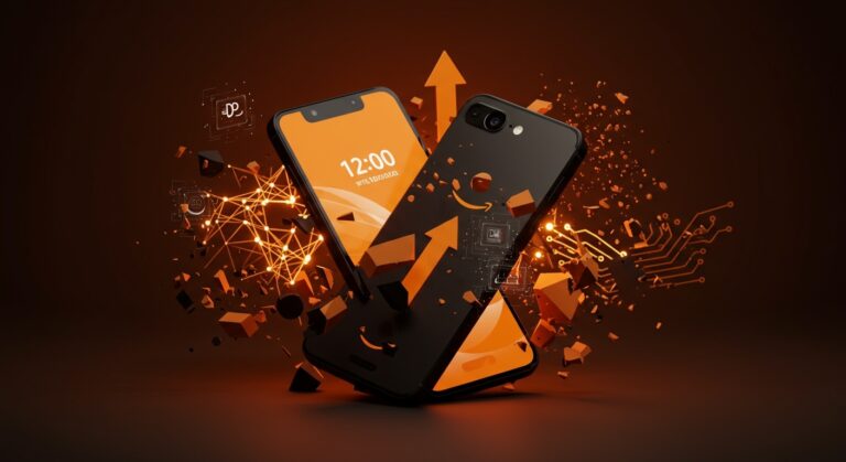 Amazon Fire Phone en primer plano con ilustraciones abstractas de inteligencia artificial y hardware móvil mostrando lecciones estratégicas tras su fracaso.