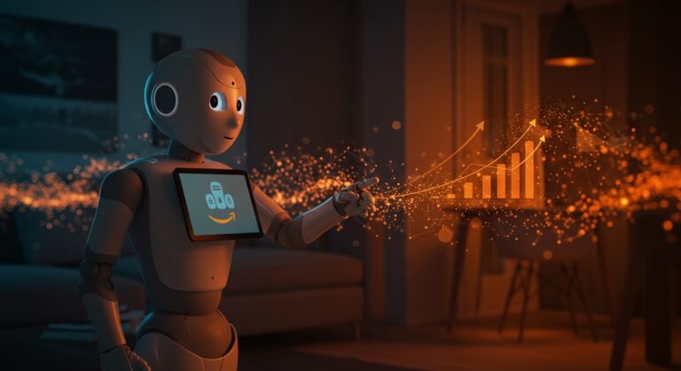 Robot humanoide doméstico de Amazon en un hogar moderno representando la automatización y tendencias tecnológicas en startups LATAM.