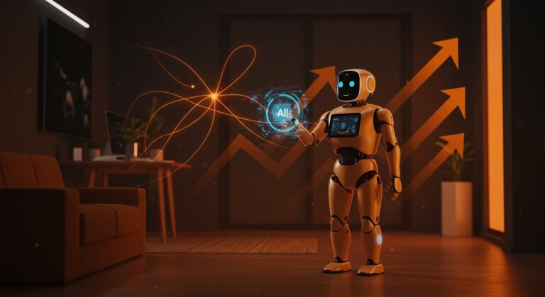 Robot humanoide Sprout de Fauna Robotics en entorno doméstico modernizado, representando la robótica doméstica e integración de IA liderada por Amazon.