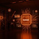 Chip Amazon Trainium en un entorno futurista destacando entrenamiento de IA y transformación tecnológica en ecosistema startup.