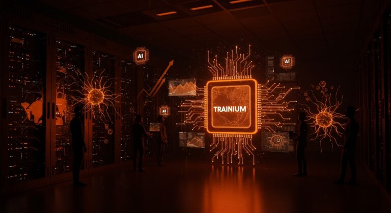 Chip Amazon Trainium en un entorno futurista destacando entrenamiento de IA y transformación tecnológica en ecosistema startup.