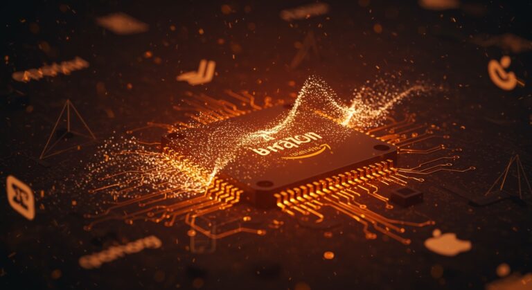 Chip de IA Amazon Trainium con patrones de redes neuronales y metáforas visuales de innovación en hardware para OpenAI, Anthropic y Apple.