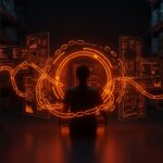 Vigilancia algorítmica y tecnología abusiva en trabajadores tech de Amazon reflejada en un programador bajo control digital.