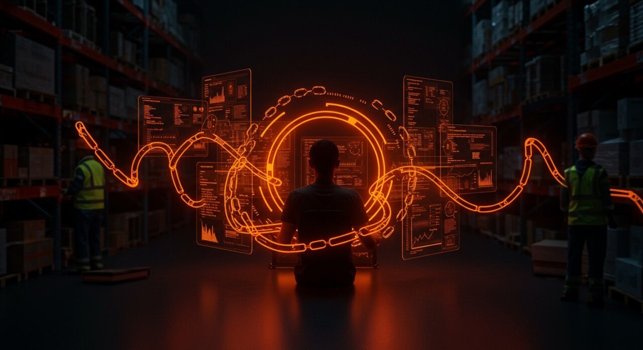 Vigilancia algorítmica y tecnología abusiva en trabajadores tech de Amazon reflejada en un programador bajo control digital.