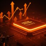 Primer procesador AMD Athlon 1 GHz representado en primer plano con iluminación naranja y negro, simbolizando el inicio de la era del gigahertz en el mercado de semiconductores.