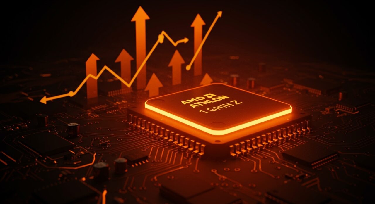 Primer procesador AMD Athlon 1 GHz representado en primer plano con iluminación naranja y negro, simbolizando el inicio de la era del gigahertz en el mercado de semiconductores.