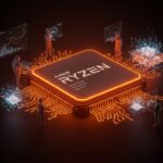 Procesador AMD Ryzen 9 9950X3D2 destacado en naranja y negro, simbolizando alto rendimiento y caché para desarrolladores tecnológicos y startups.