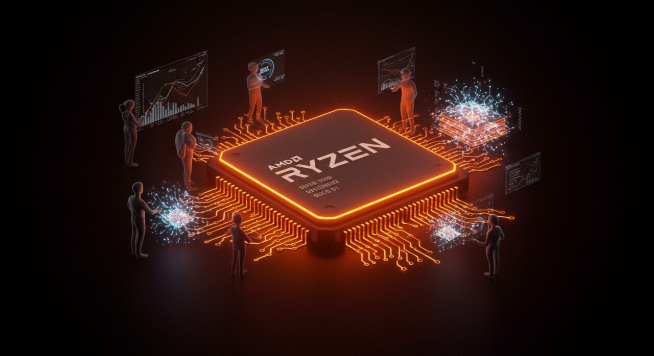 Procesador AMD Ryzen 9 9950X3D2 destacado en naranja y negro, simbolizando alto rendimiento y caché para desarrolladores tecnológicos y startups.