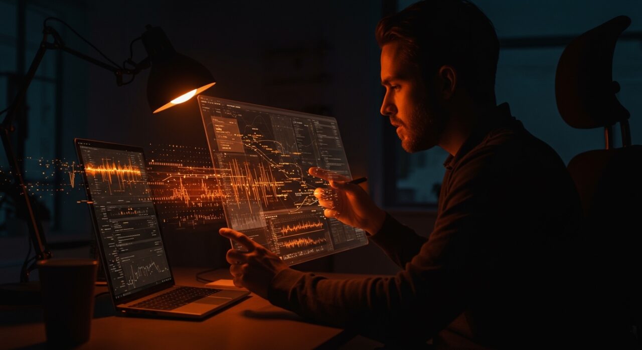 Founder técnico analizando tráfico UDP y señales eléctricas con Wireshark en un entorno tecnológico moderno, destacando análisis de redes y hardware de red.
