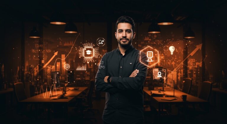 Andrés Moreno liderando innovación en edtech con inteligencia artificial y fundraising en Latinoamérica, retrato editorial en paleta Ecosistema Startup.