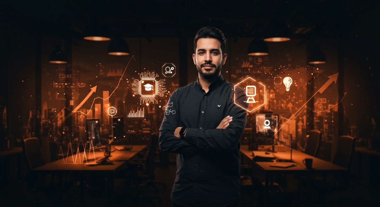 Andrés Moreno liderando innovación en edtech con inteligencia artificial y fundraising en Latinoamérica, retrato editorial en paleta Ecosistema Startup.