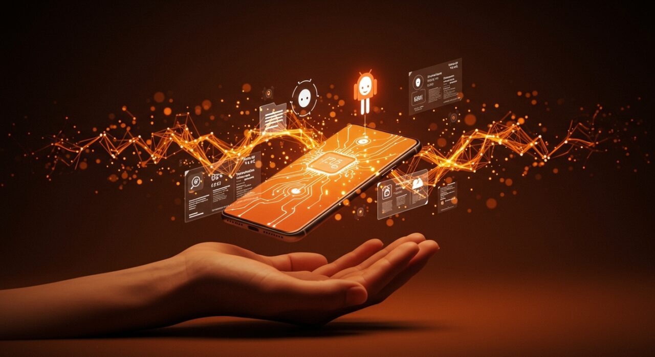 Smartphone Android gobernado por agentes de IA Google Gemini y AppFunctions, ilustrando el futuro del desarrollo móvil con inteligencia artificial.