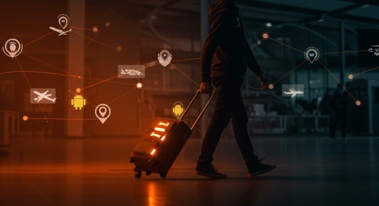 Rastreo de equipaje con Android Find Hub en aerolíneas, mostrando tecnología avanzada para recuperación y movilidad innovadora.