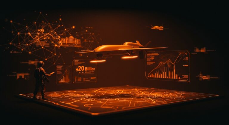 Drone autónomo y tecnología militar avanzada de Anduril con contrato de 20 mil millones del Ejército de EE.UU. resaltando innovación en defensa tech.