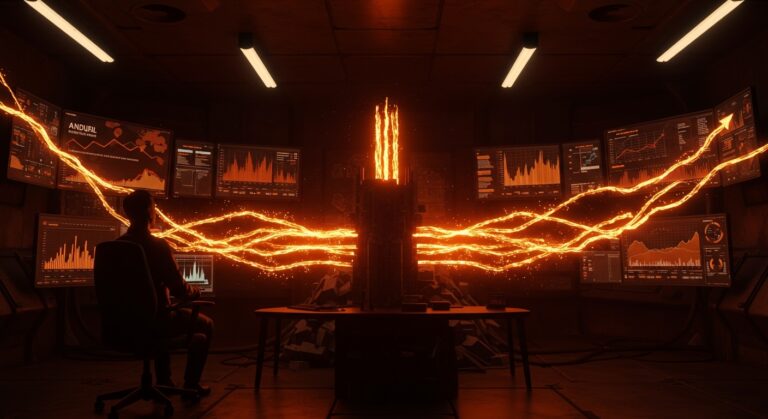 Centro de comando tecnológico futurista mostrando el aumento de valoración de Anduril Industries en rondas de inversión deeptech.