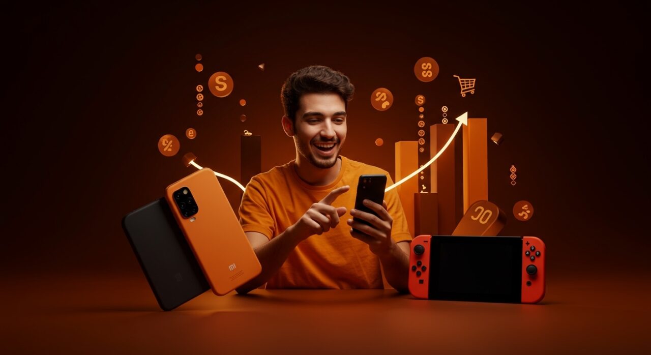 Usuario realizando compras online en el aniversario AliExpress 2026 con ofertas y cupones de tecnología destacados.
