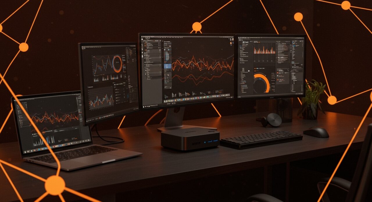 Estación de acoplamiento Anker Prime 14 en 1 con triple monitor en setup tecnológico para productividad en startups.