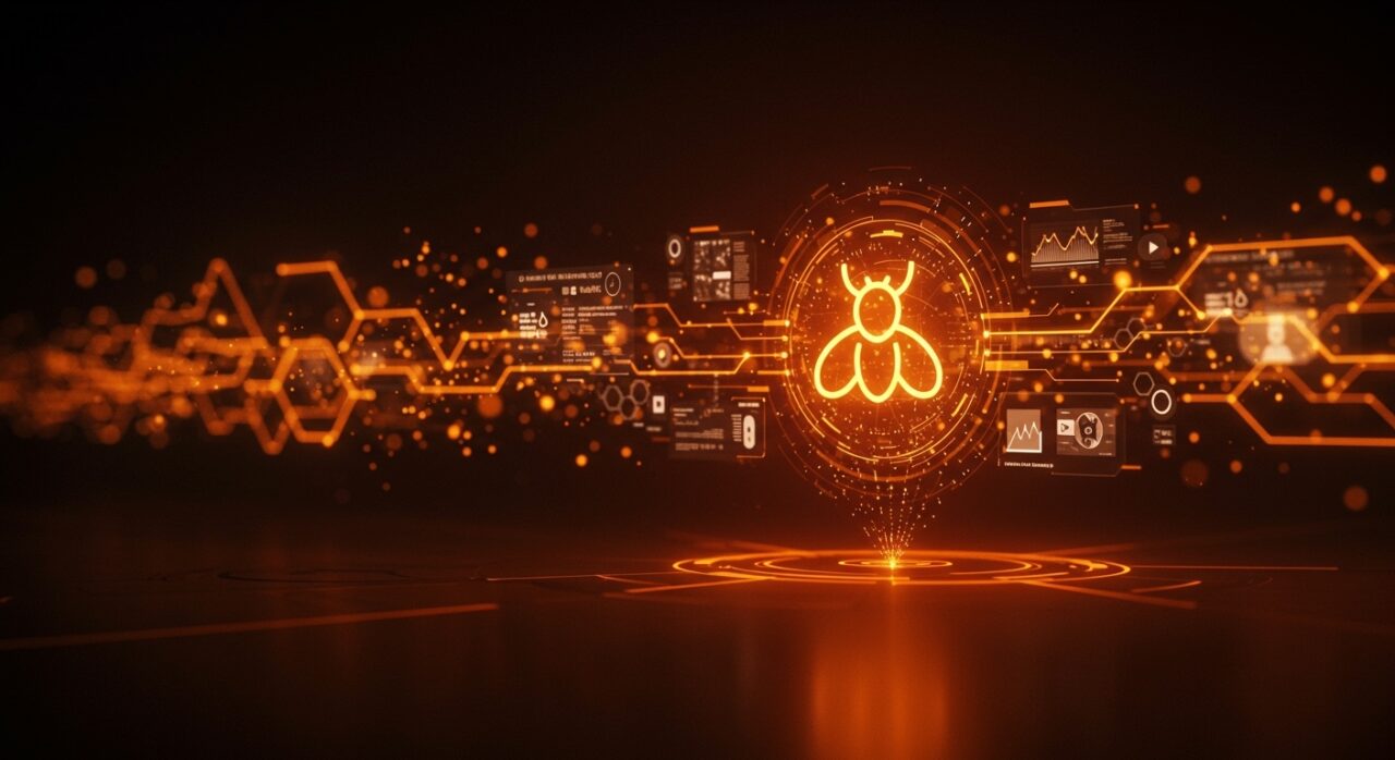 Motor de búsqueda distribuida multimodal Antfly en Go representado por un núcleo holográfico interactuando con datos de texto, imágenes, audio y video en entorno de IA híbrida y open source.