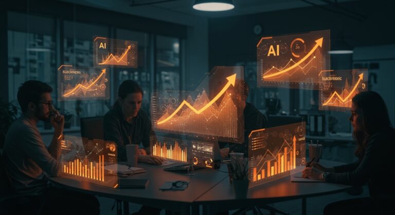 Crecimiento duplicado de suscripciones de IA Claude de Anthropic mostrado con hologramas de datos y gráficos ascendentes en oficina startup tecnológica.