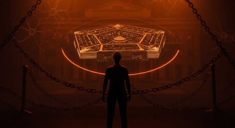 Anthropic demanda gobierno de EE.UU. por regulación de IA y negativa a ceder uso militar de Claude, representado con símbolo del Pentágono y redes neuronales en tonos naranja y negro.