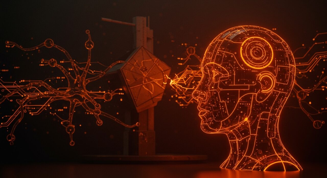 Conflicto legal entre Anthropic y el Pentágono sobre regulación de inteligencia artificial y armas autónomas, simbolizado con IA y arquitectura militar en tonos naranja y negro.