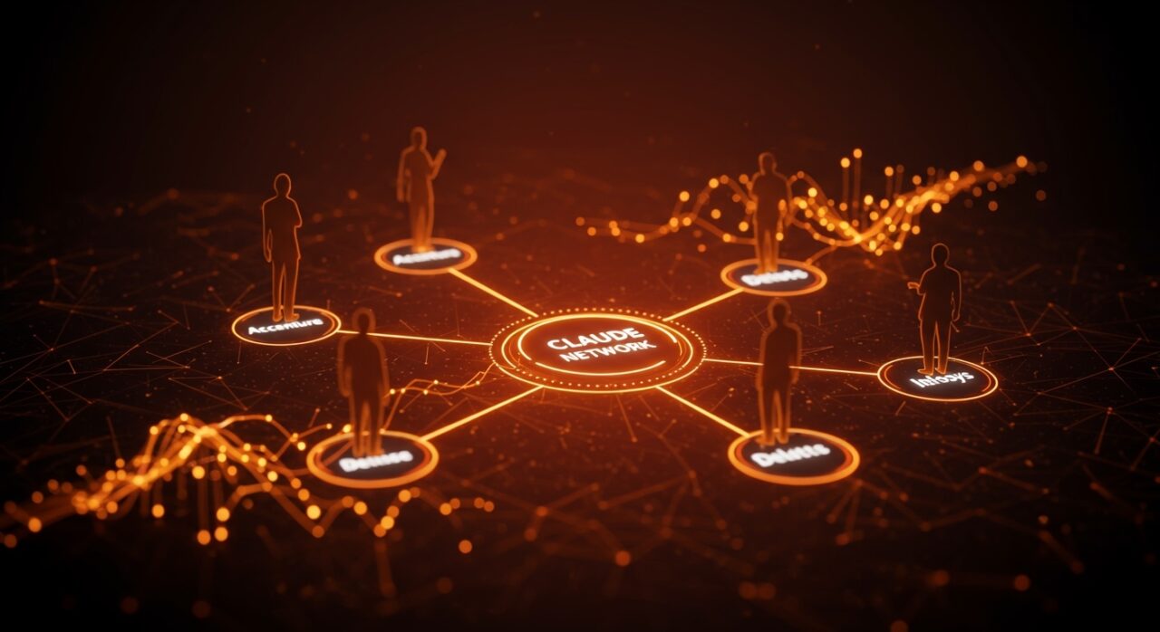 Visualización del Claude Partner Network de Anthropic con inversión de 100 millones, destacando alianzas estratégicas de Accenture, Deloitte e Infosys y oportunidades para startups tecnológicas.