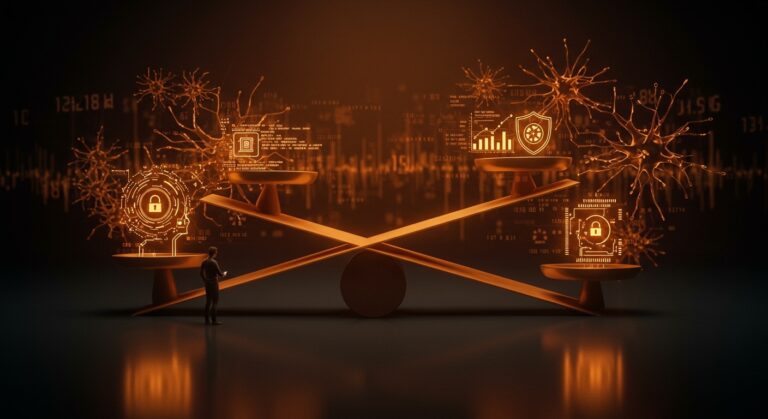 Ilustración editorial de balanza digital entre inteligencia artificial y regulación tecnológica en disputa de IA ética para startups.