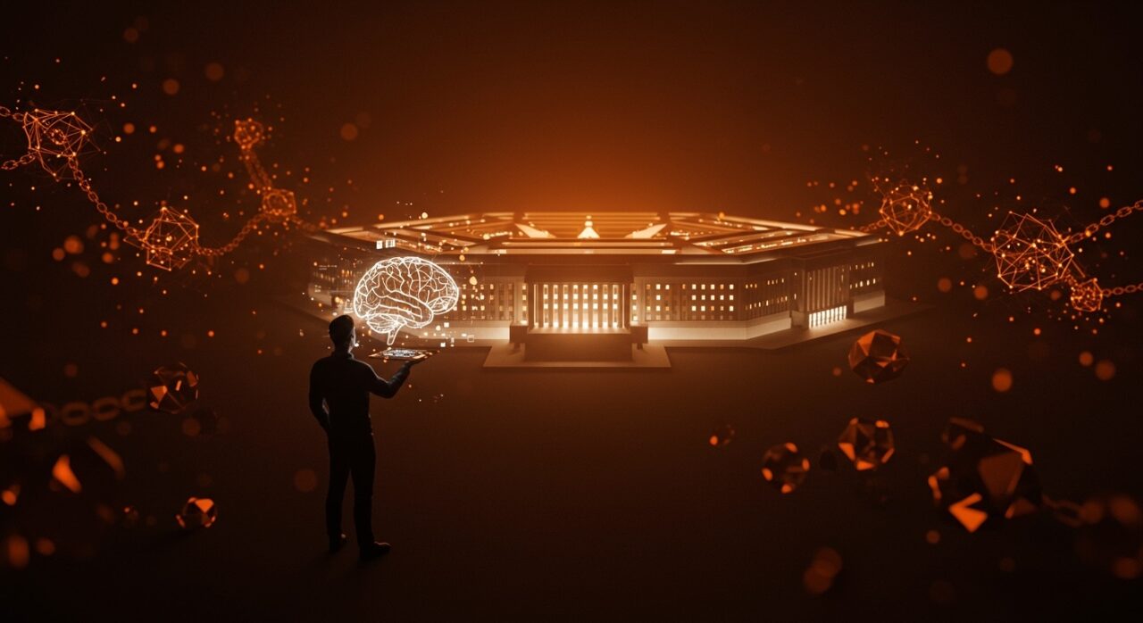 Startup de IA enfrentando desafíos en contratos federales y ética con el Pentágono representado en fondo digital oscuro con paleta naranja y negro.