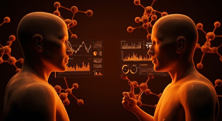 Comparación visual entre Anthropic y OpenAI en el mercado empresarial de inteligencia artificial con gráficos de cuota de mercado y estrategia tecnológica.