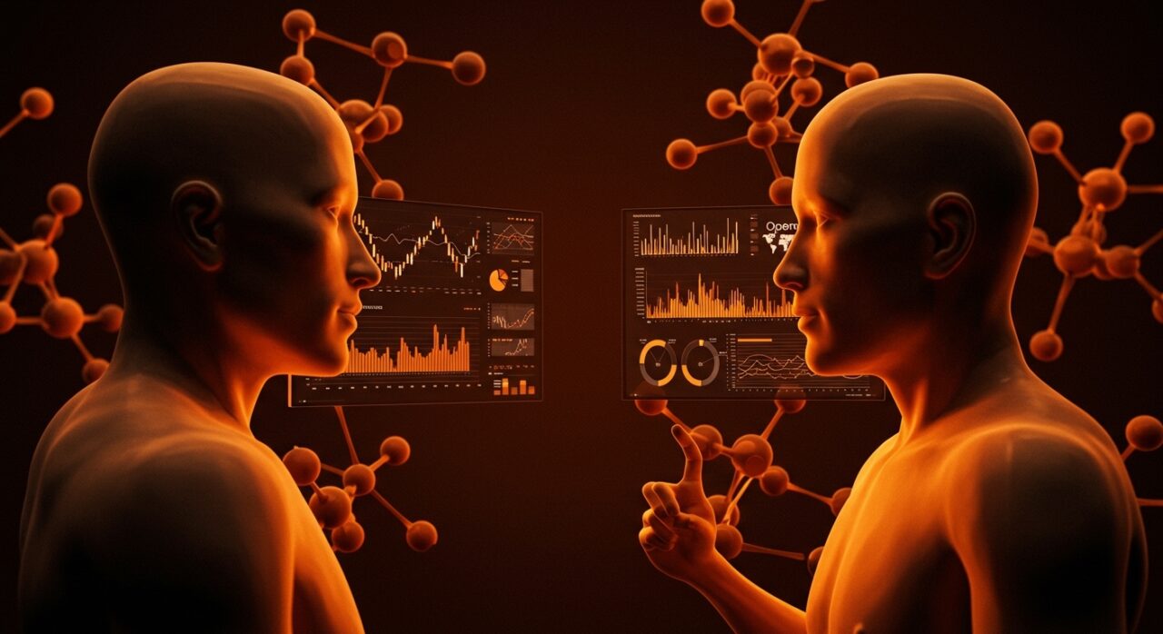 Comparación visual entre Anthropic y OpenAI en el mercado empresarial de inteligencia artificial con gráficos de cuota de mercado y estrategia tecnológica.