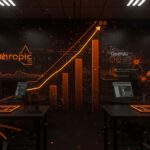 Competencia entre Anthropic y OpenAI en el mercado empresarial de IA 2026 con redes neuronales y crecimiento tecnológico en tonos naranja y negro.