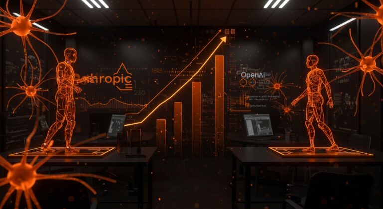 Competencia entre Anthropic y OpenAI en el mercado empresarial de IA 2026 con redes neuronales y crecimiento tecnológico en tonos naranja y negro.