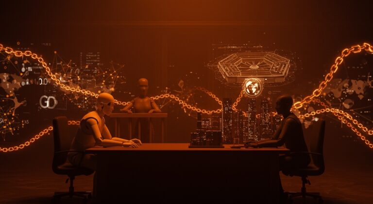 Escena dramática que representa la disputa entre Anthropic y el Pentágono sobre vigilancia masiva y ética en inteligencia artificial para startups.