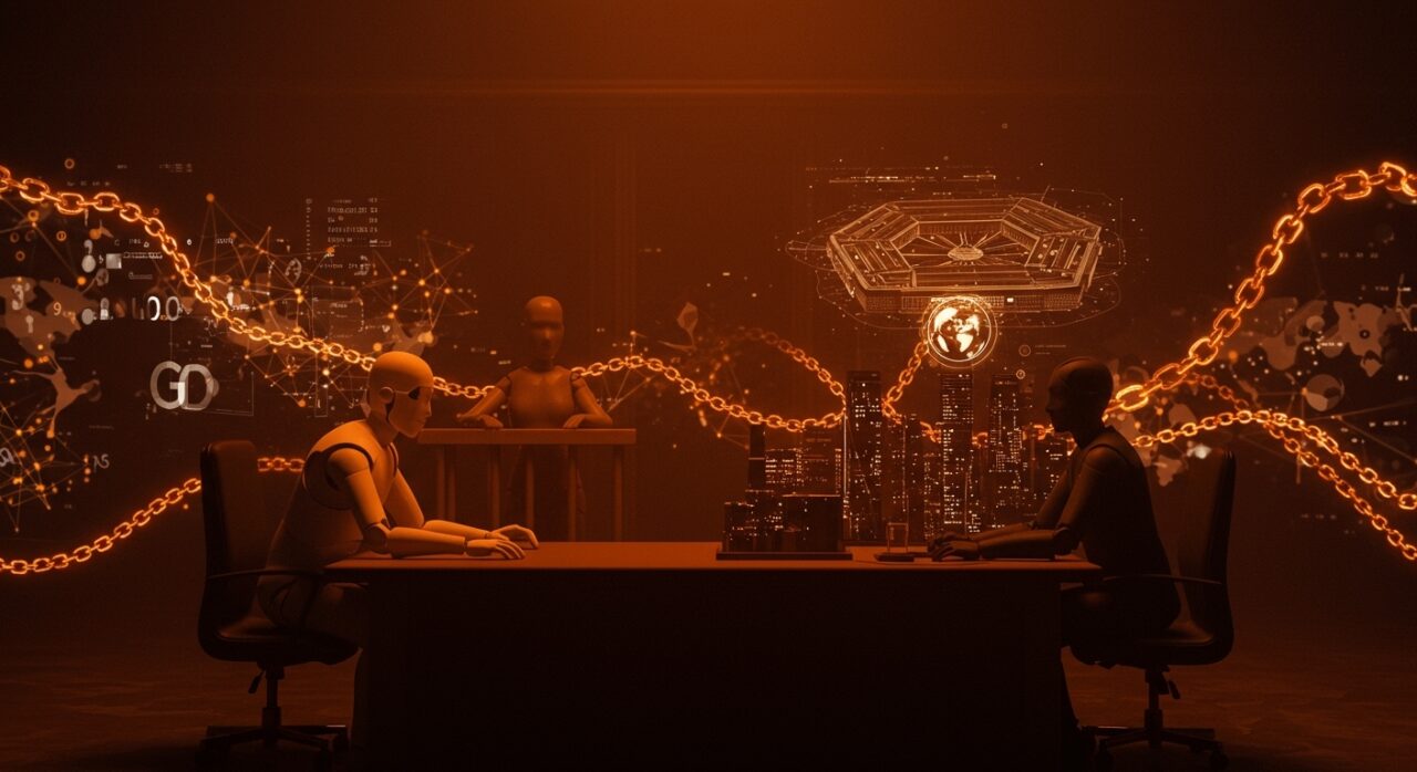 Escena dramática que representa la disputa entre Anthropic y el Pentágono sobre vigilancia masiva y ética en inteligencia artificial para startups.