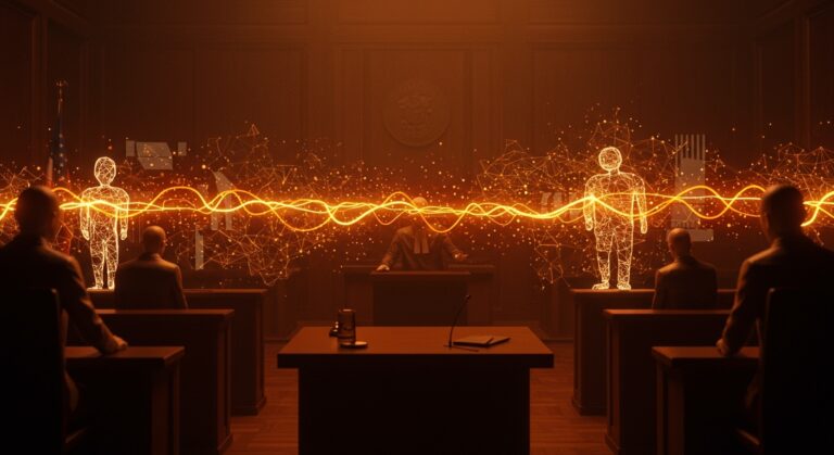 Confrontación visual entre Anthropic y el Pentágono sobre libertad de expresión y regulación de la inteligencia artificial con metáforas de innovación y riesgo tecnológico.