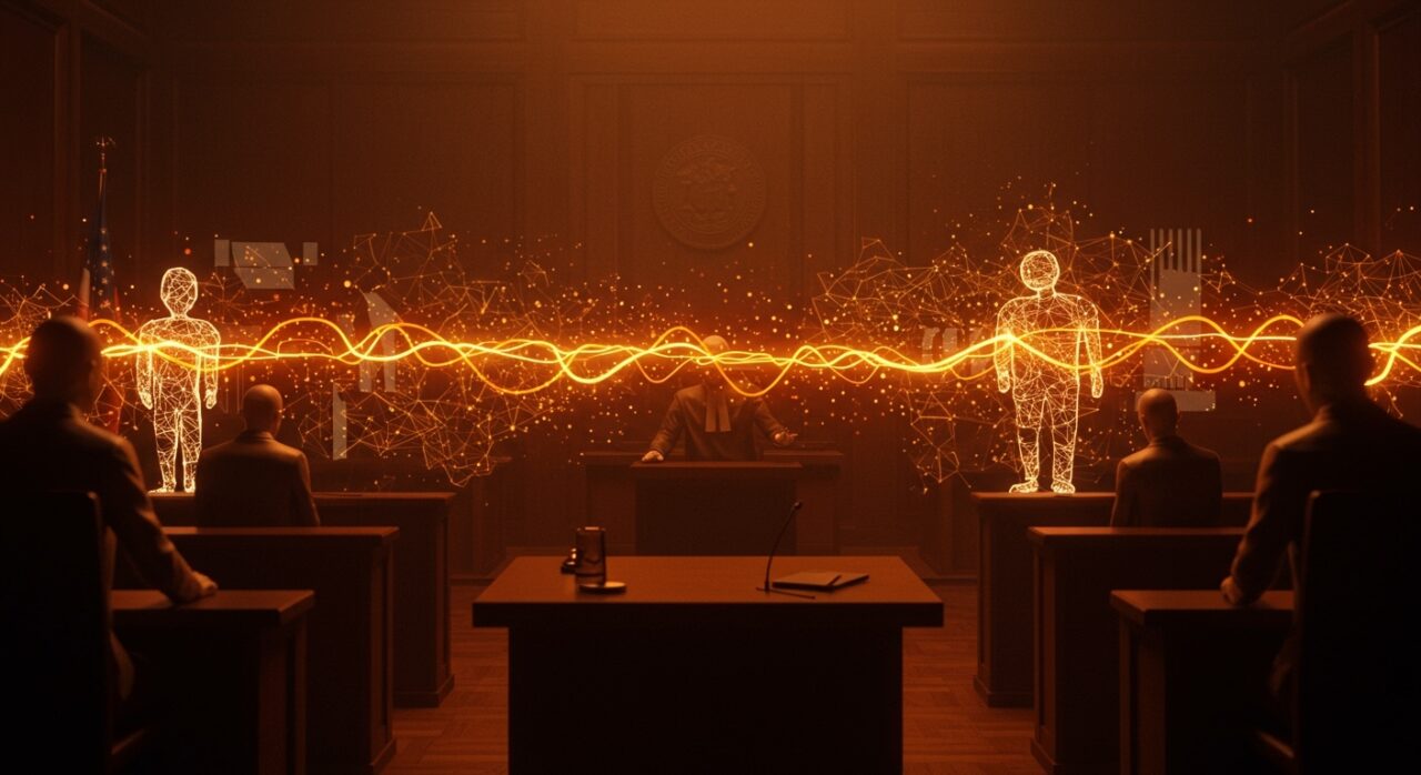 Confrontación visual entre Anthropic y el Pentágono sobre libertad de expresión y regulación de la inteligencia artificial con metáforas de innovación y riesgo tecnológico.