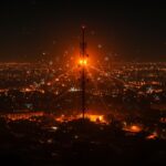Torre de telecomunicaciones móvil iluminada durante el apagón energético 2025 en España, simbolizando la resiliencia de redes y solución CNMC en emergencias.