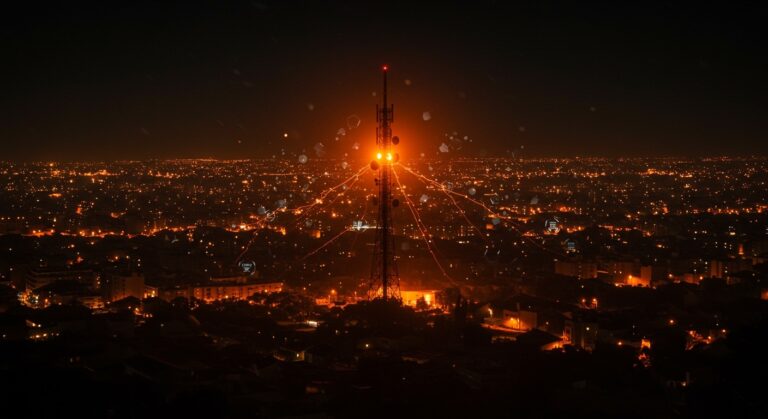 Torre de telecomunicaciones móvil iluminada durante el apagón energético 2025 en España, simbolizando la resiliencia de redes y solución CNMC en emergencias.