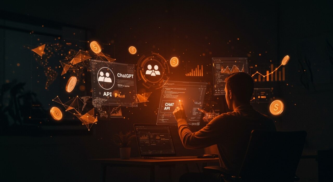 Desarrollador integrando la API de ChatGPT en proyectos innovadores con representación visual de tokens y automatización IA.