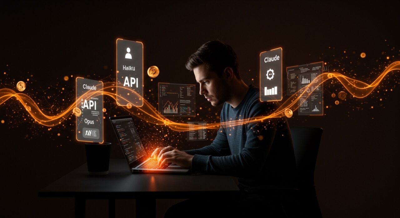 Fundador tecnológico utilizando la API de Claude 2026 con modelos Haiku, Sonnet y Opus en un entorno digital de inteligencia artificial avanzada.