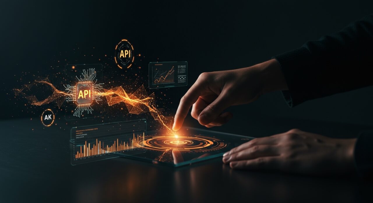 Integración de la API de DeepSeek con modelos de inteligencia artificial y automatización, ilustración conceptual en tonos naranja y negro de Ecosistema Startup.