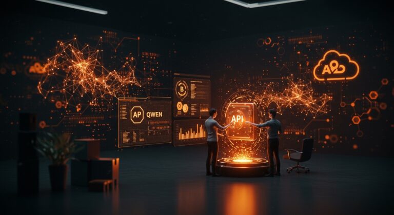 Integración de la API Qwen de inteligencia artificial de Alibaba en una startup, mostrando tokens IA y modelos avanzados en un entorno tecnológico futurista.