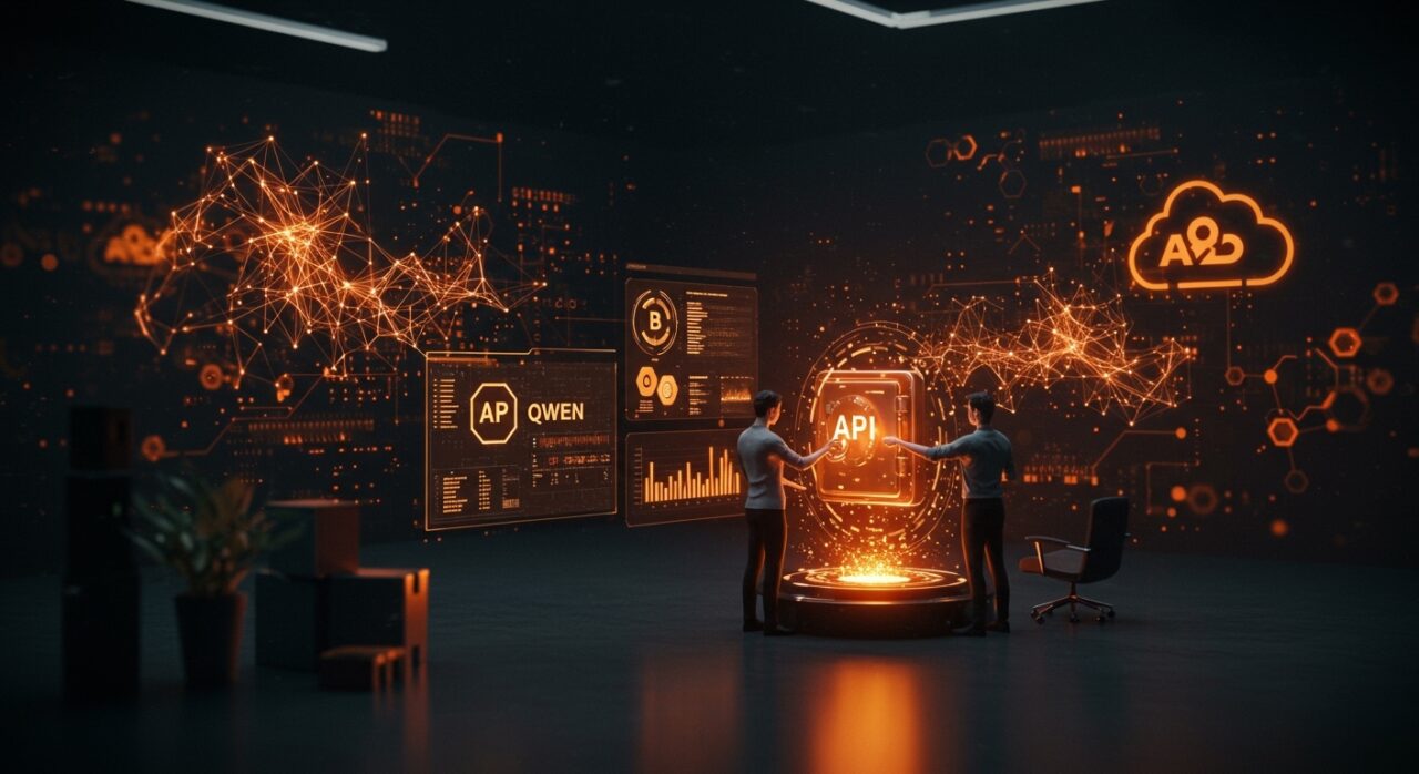 Integración de la API Qwen de inteligencia artificial de Alibaba en una startup, mostrando tokens IA y modelos avanzados en un entorno tecnológico futurista.