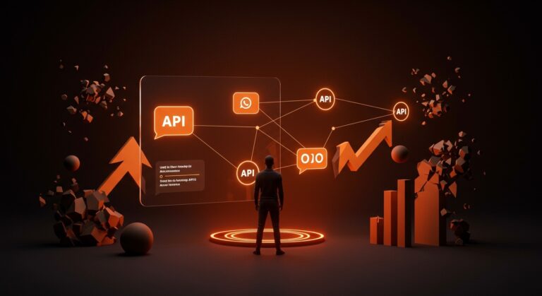Fundador de startup tech frente a pantalla digital ilustrando la migración de APIs WhatsApp no oficiales a oficiales para automatización empresarial en 2026.