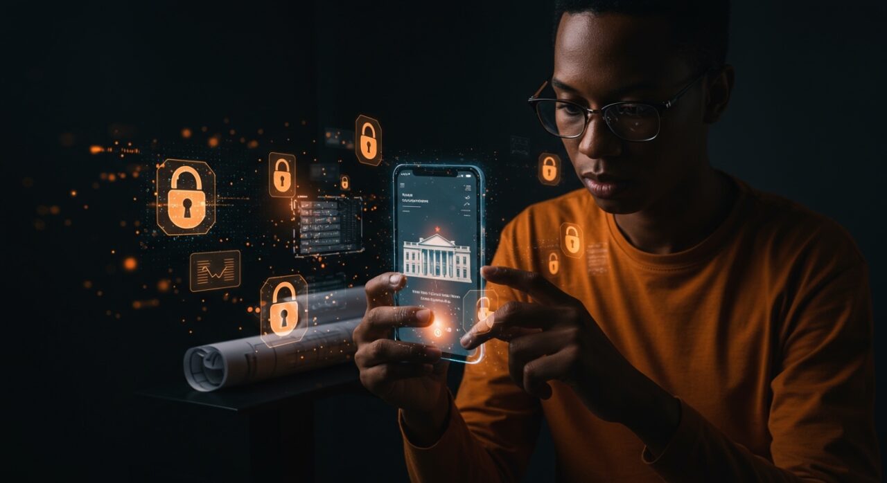 Análisis de ciberseguridad en app móvil de la Casa Blanca con iconos de seguridad y arquitectura digital en tonos naranja y negro.