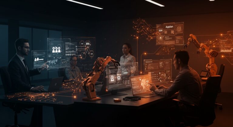 Representación visual del liderazgo de Appian en RPA y orquestación impulsando la automatización y el ROI para startups y grandes empresas.