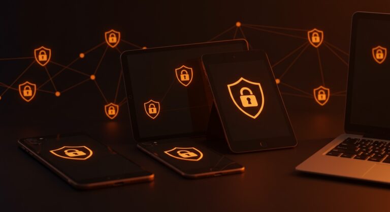 Actualización de seguridad en segundo plano para iPhone, iPad y Mac reforzando la protección en Safari con iluminación naranja y negro.