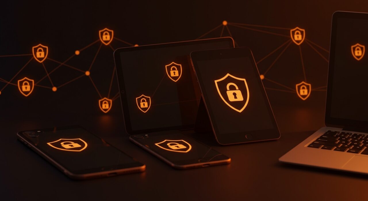 Actualización de seguridad en segundo plano para iPhone, iPad y Mac reforzando la protección en Safari con iluminación naranja y negro.